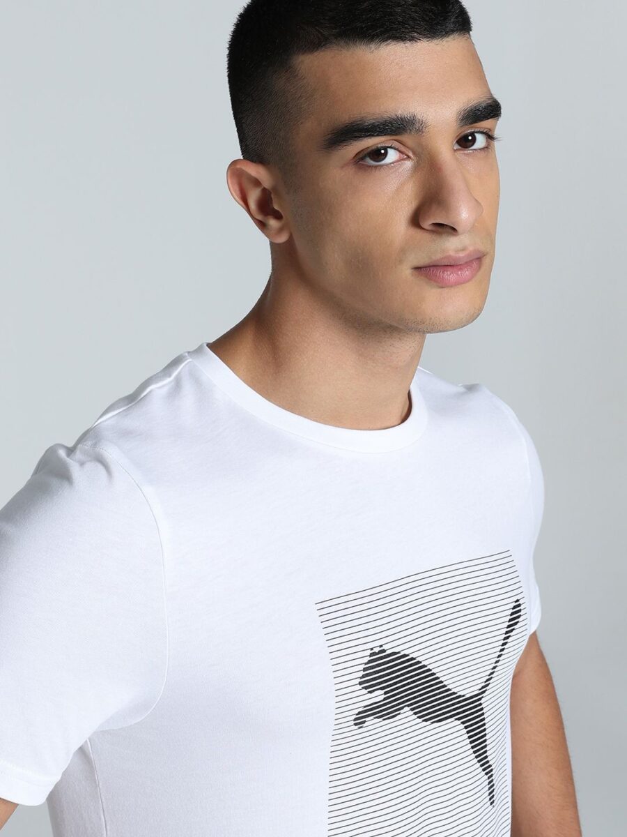 Puma White Striped Logo Graphic Printed Slim Fit Tee