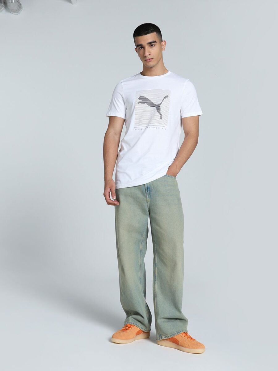 Puma White Striped Logo Graphic Printed Slim Fit Tee - Image 2